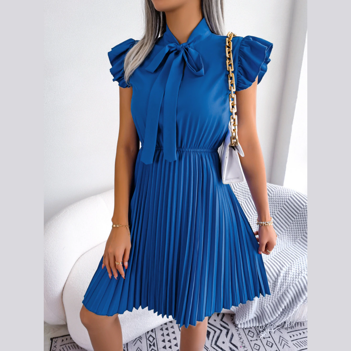 Asia - Blue Pleated Ruffled Sleeve Mini Dress