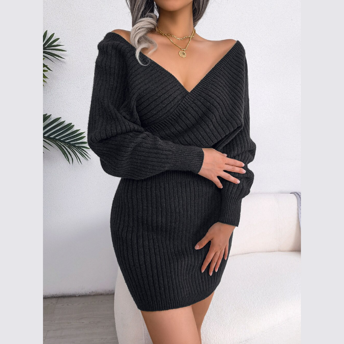 low cut sweater dress Women's V-Neck Batwing Sweater Dress Wrap Bodycon Knit Dress Long Sleeve Mini Dress Black S