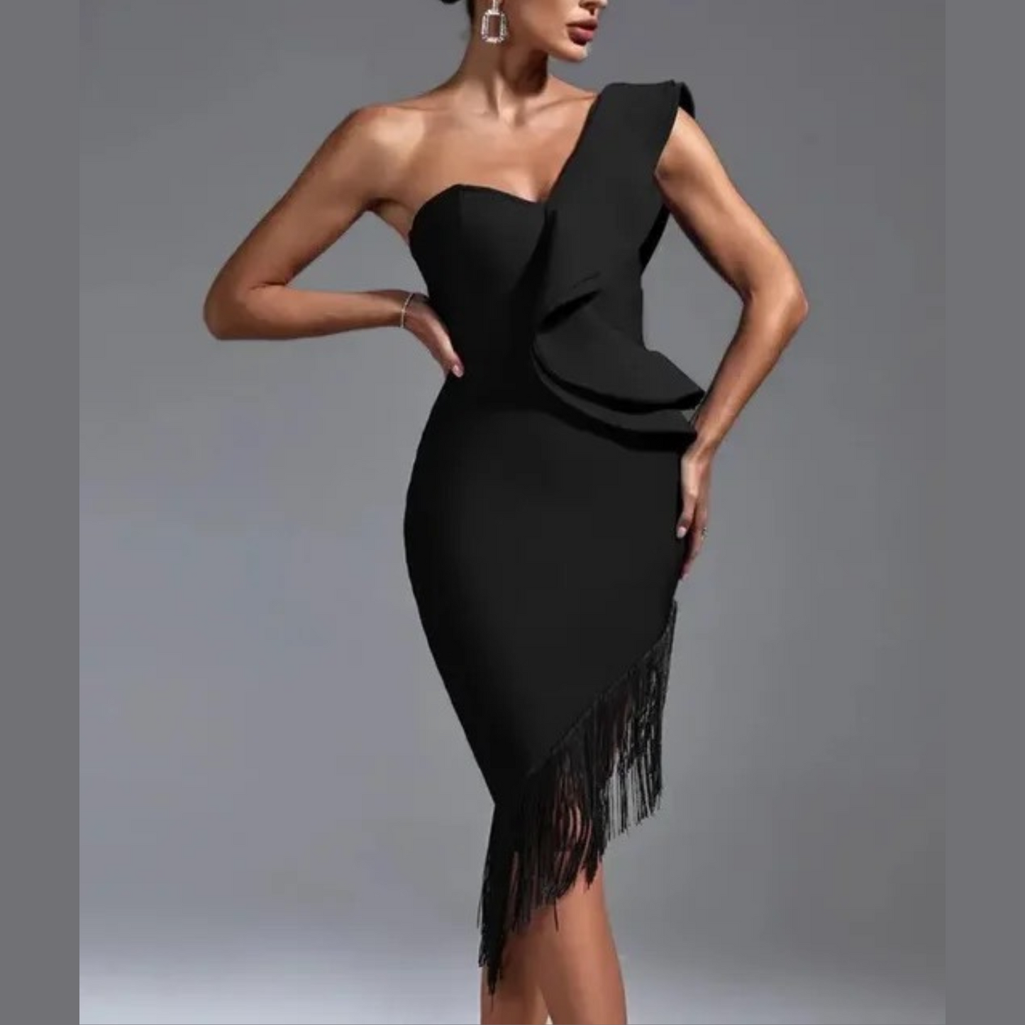 Fernanda - Black One Shoulder Tassel Bandage Dress