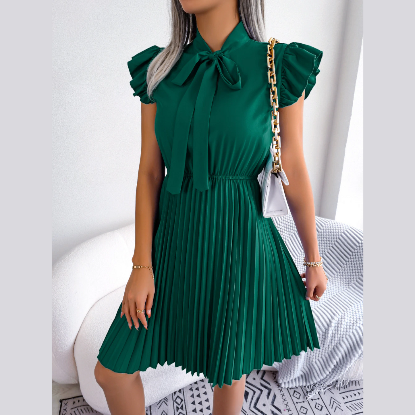 Asia - Green Pleated Ruffled Sleeve Mini Dress