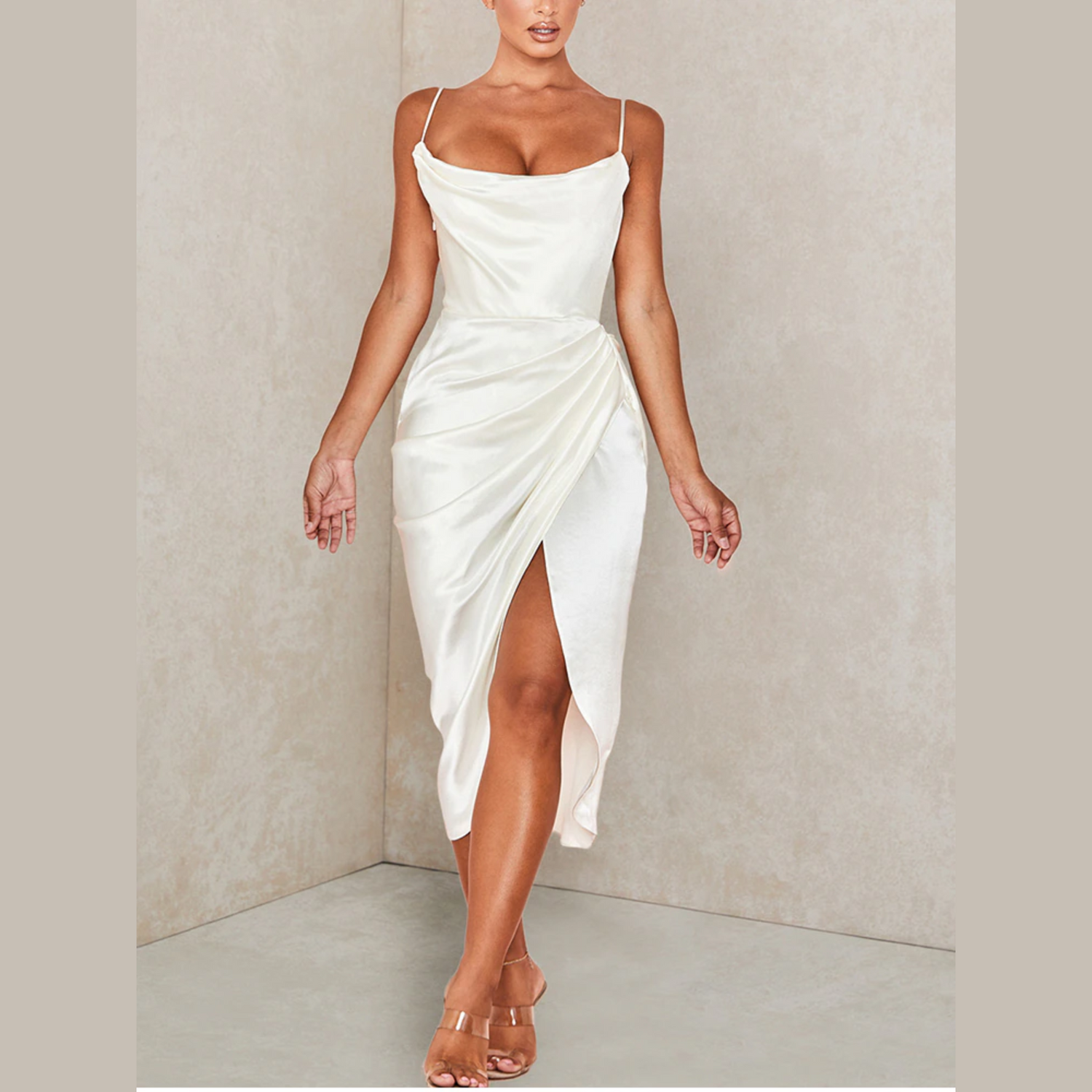 Tammy - White Satin Draped Split Midi Dress - Model Mannequin