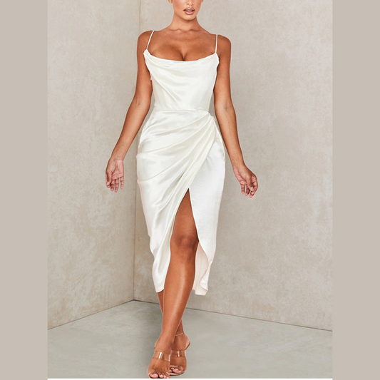 Tammy - White Satin Draped Split Midi Dress