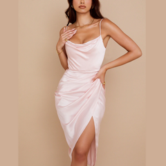 Tammy - Pink Satin Draped Split Midi Dress