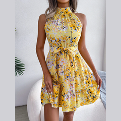 Ladonna - Yellow Floral Halter Neck A-Line Dress