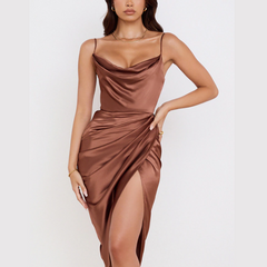 Tammy - Brown Satin Draped Split Midi Dress