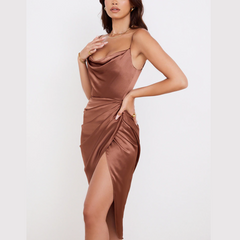 Tammy - Brown Satin Draped Split Midi Dress