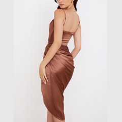 Tammy - Brown Satin Draped Split Midi Dress