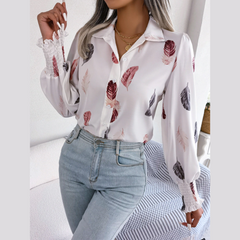 Brie - White Leaf Print Lantern Blouse - Model Mannequin