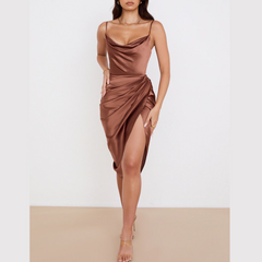 Tammy - Brown Satin Draped Split Midi Dress