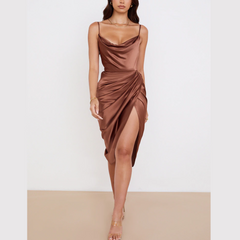 Tammy - Brown Satin Draped Split Midi Dress