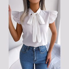 Britney - White Ruffle Cap Sleeves Tie Neck Top