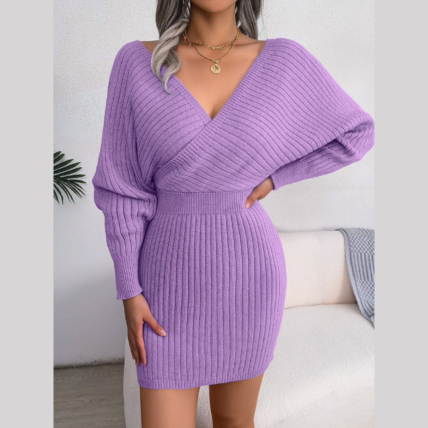 Tilly - Purple Batwing Sleeves Ribbed Sweater Dress