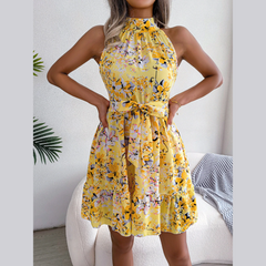 Ladonna - Yellow Floral Halter Neck A-Line Dress