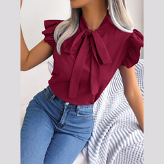 Britney - Burgundy Ruffle Cap Sleeves Tie Neck Top