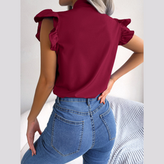 Britney - Burgundy Ruffle Cap Sleeves Tie Neck Top