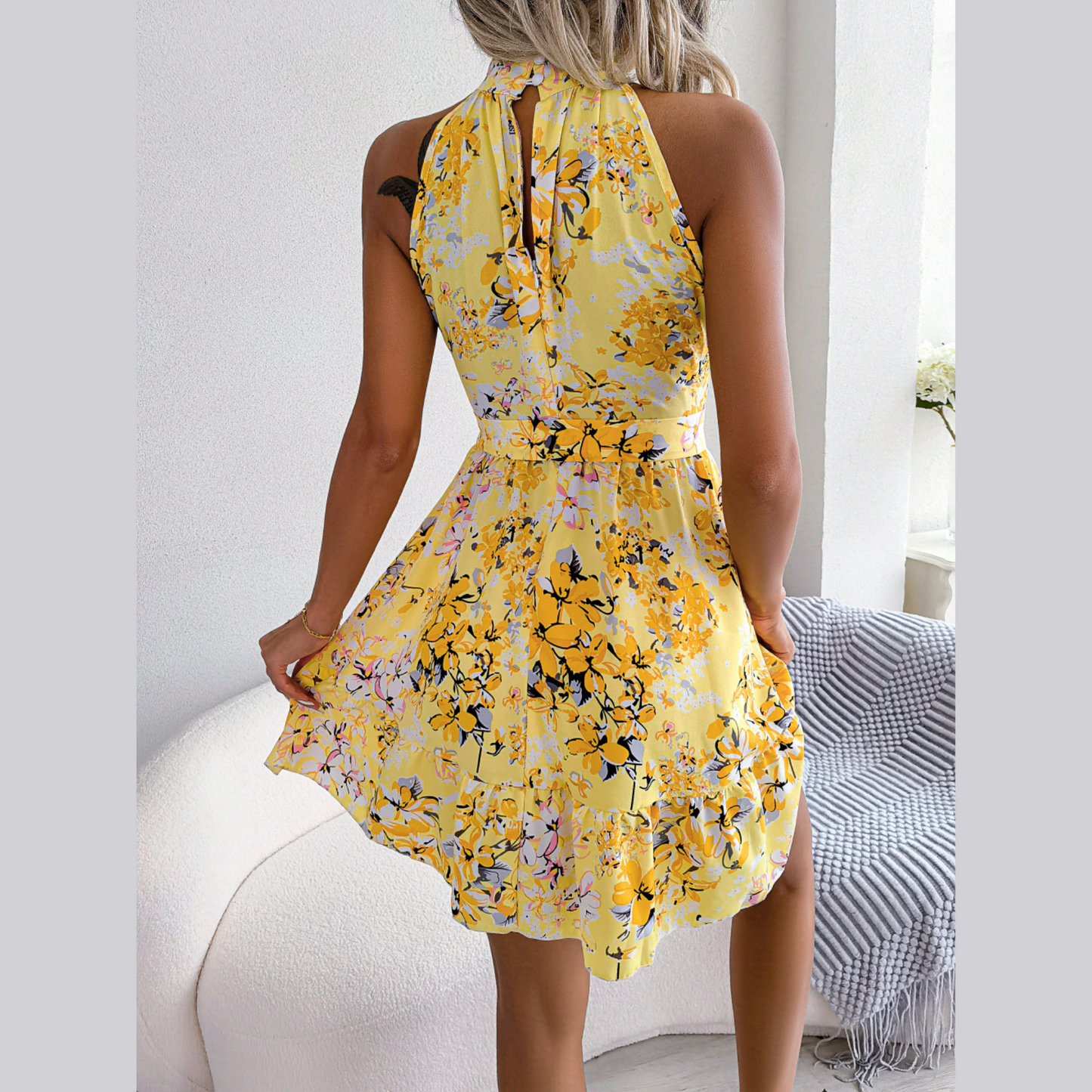Ladonna - Yellow Floral Halter Neck A-Line Dress