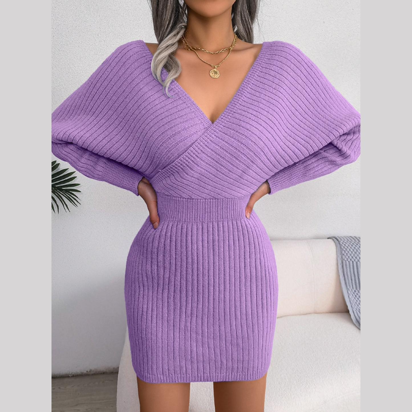 Tilly - Purple Batwing Sleeves Ribbed Sweater Dress