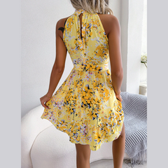 Ladonna - Yellow Floral Halter Neck A-Line Dress