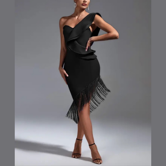 Fernanda - Black One Shoulder Tassel Bandage Dress
