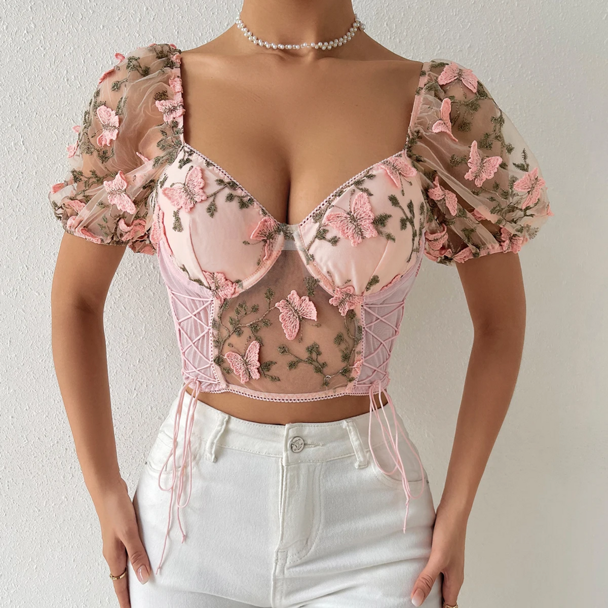 Kori - Sheer Mesh Puff Sleeve Crop Top