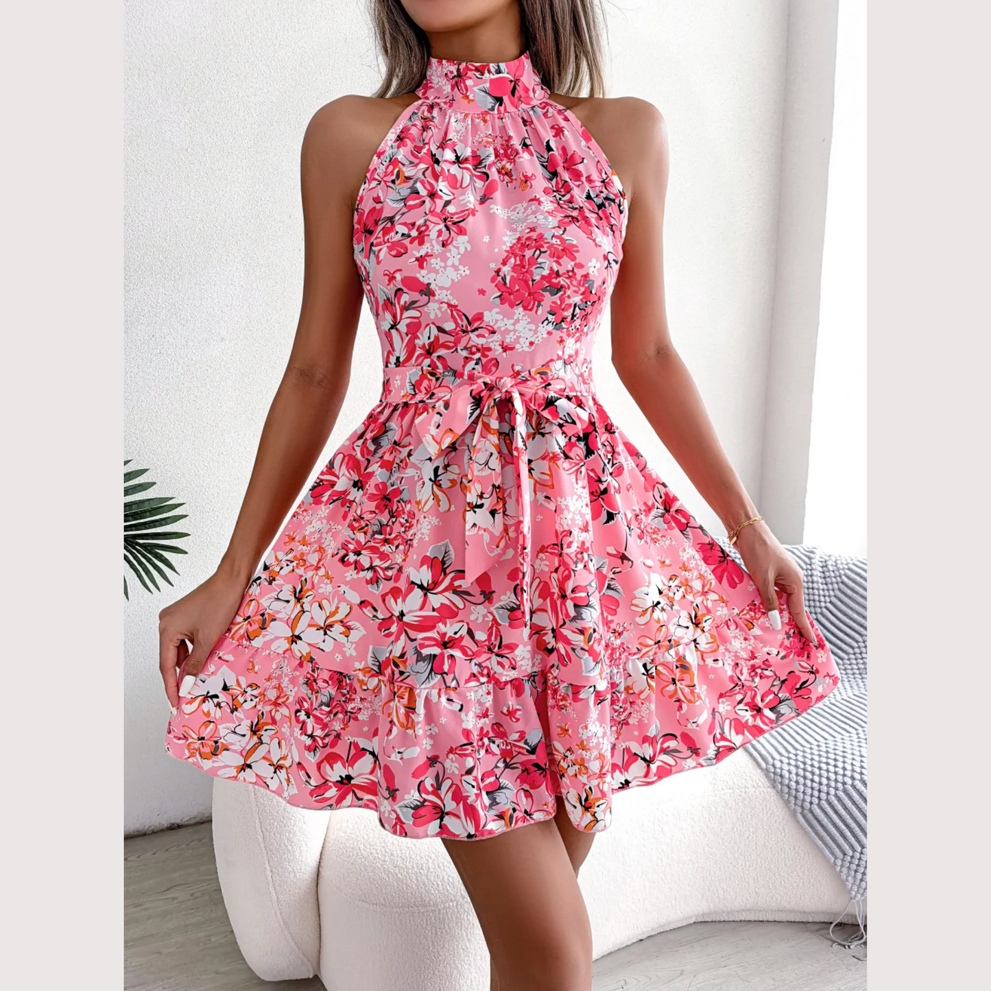 Ladonna - Pink Floral Halter Neck A-Line Dress