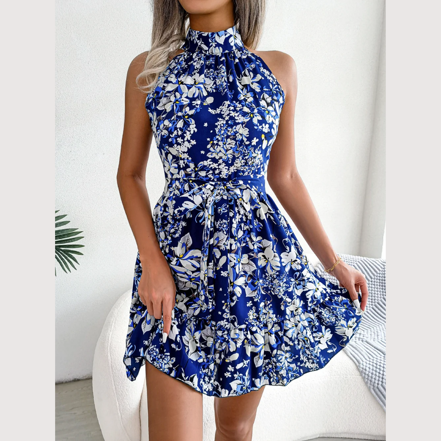 Ladonna - Blue Floral Halter Neck Spring Dress