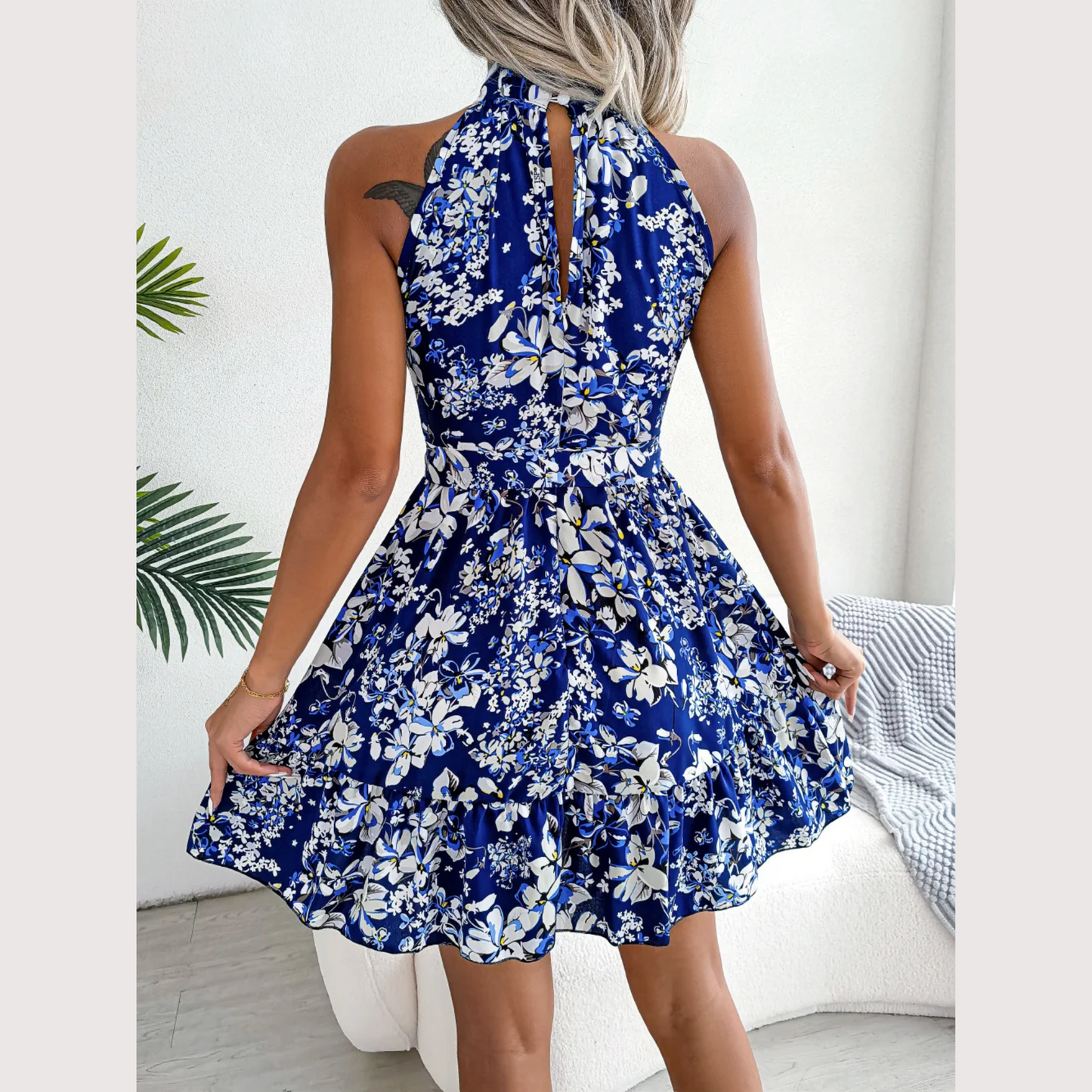 Ladonna - Blue Floral Halter Neck Spring Dress