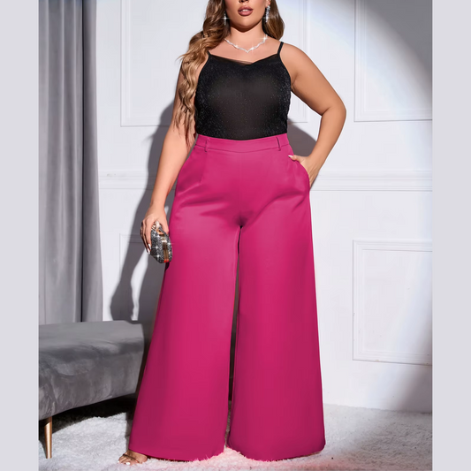 Lola - Rose Red Plus Size High Waist Wide Leg Pants