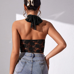 Maggie - Lace Mesh Cross Halter-Neck Top