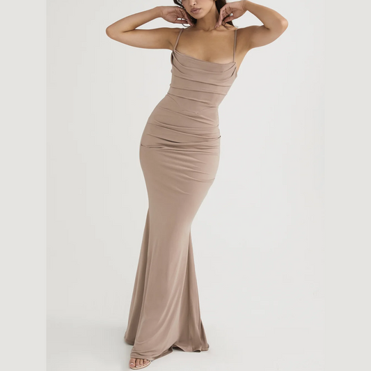 Romy - Beige Draped Corset Maxi Dress