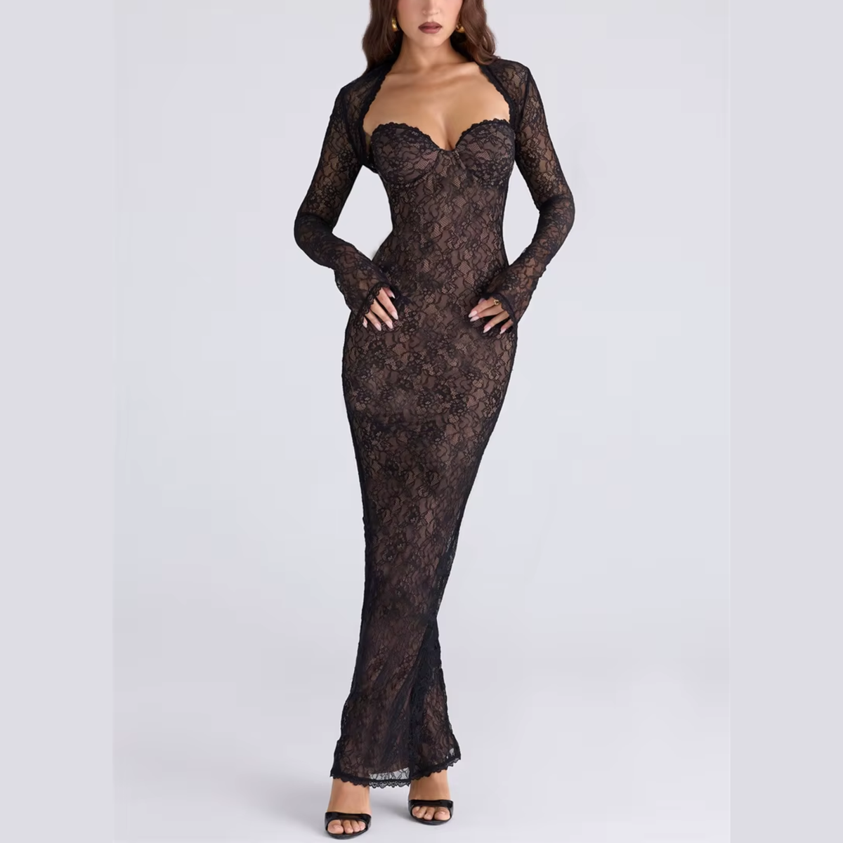 Classy Women's Lace Bodycon Floor-Length Evening Dress with Back Slit, Black / L Classy Women's Lace Bodycon Floor-Length Evening Dress with Back Slit, Black / L