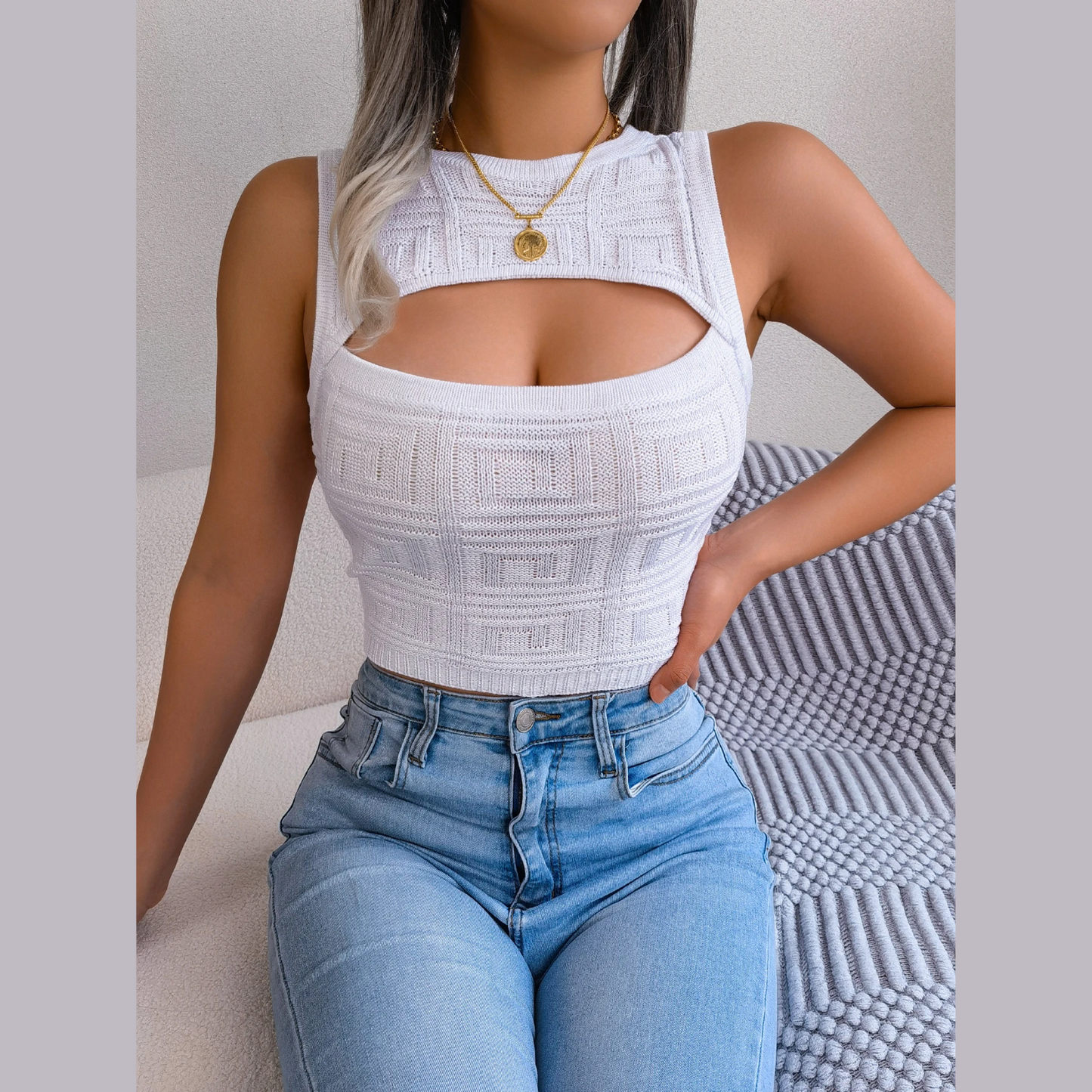 Christiana - White Knitted Cut Out Crop Top