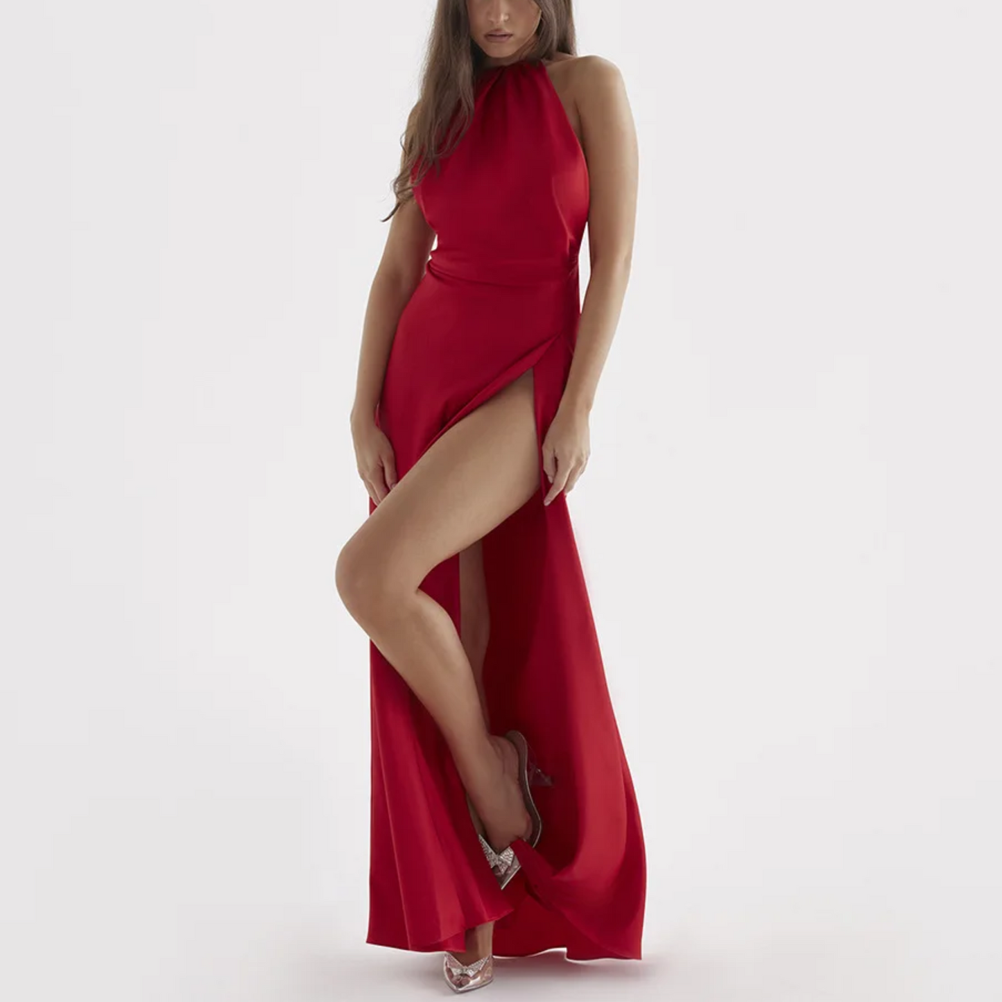 Sarita - Red Satin Backless Halter Neck Maxi Dress