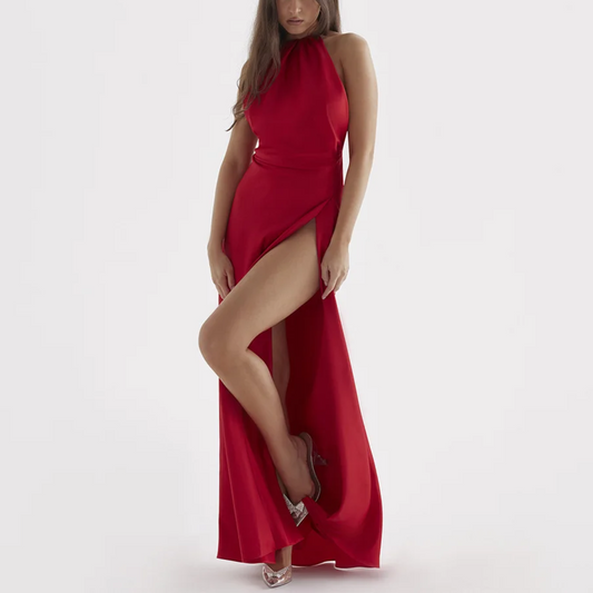 Sarita - Red Satin Backless Halter Neck Maxi Dress