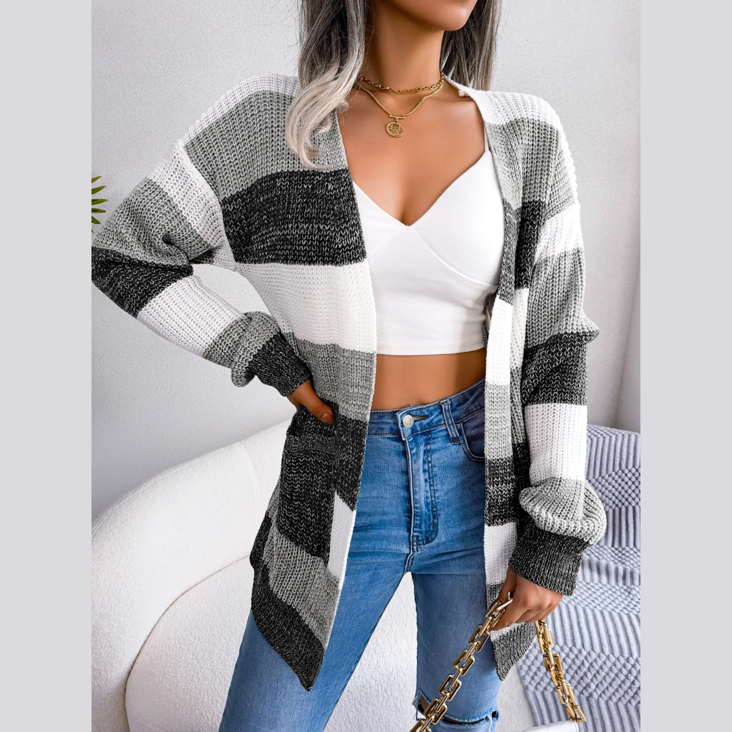 Emily - Black & White  Knitted Striped Cardigan