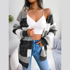 Emily - Black & White  Knitted Striped Cardigan