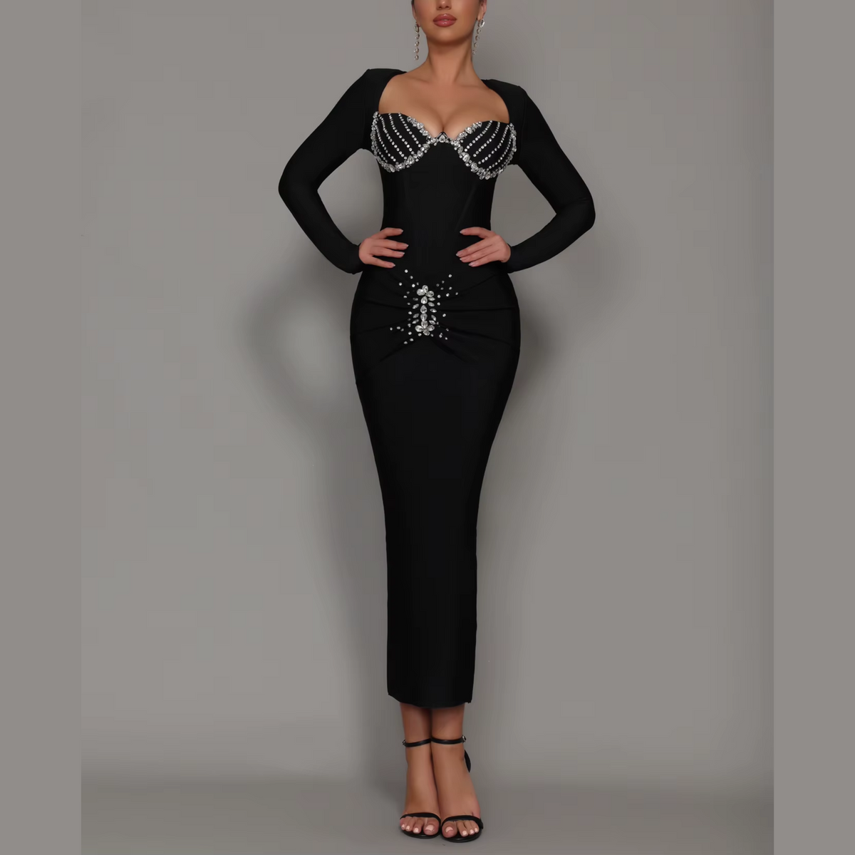 Solana - Black Rhinestone Embellished Maxi Bandage Dress
