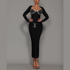 Solana - Black Rhinestone Embellished Maxi Bandage Dress
