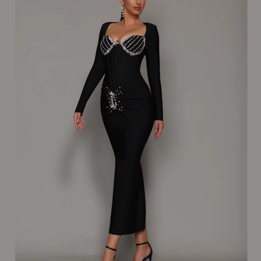 Solana - Vestido de vendaje maxi adornado con diamantes negros