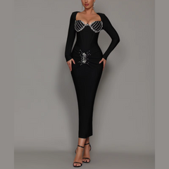Solana - Black Rhinestone Embellished Maxi Bandage Dress