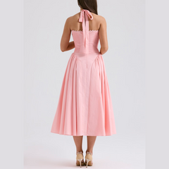 Solene - Pink A Line Midi Halter Neck Dress