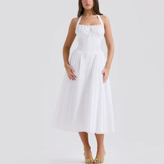 Solene - White A Line Midi Halter Neck Dress