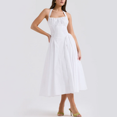 Solene - White A Line Midi Halter Neck Dress