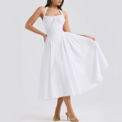 Solene - White A Line Midi Halter Neck Dress