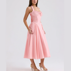 Solene - Pink A Line Midi Halter Neck Dress