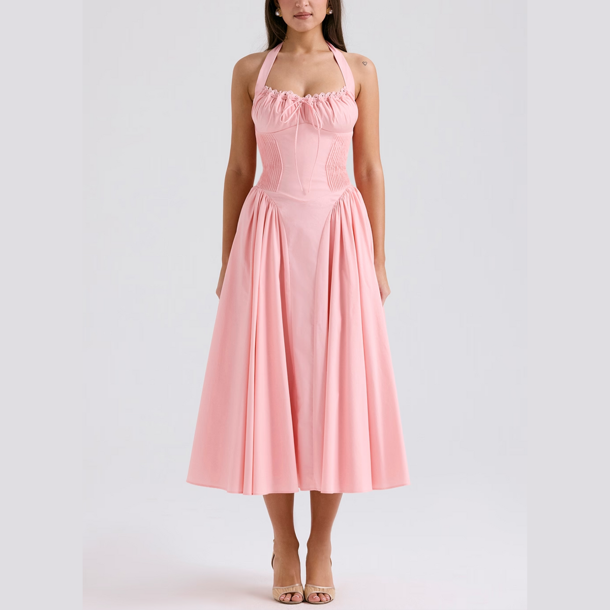 Solene - Pink A Line Midi Halter Neck Dress