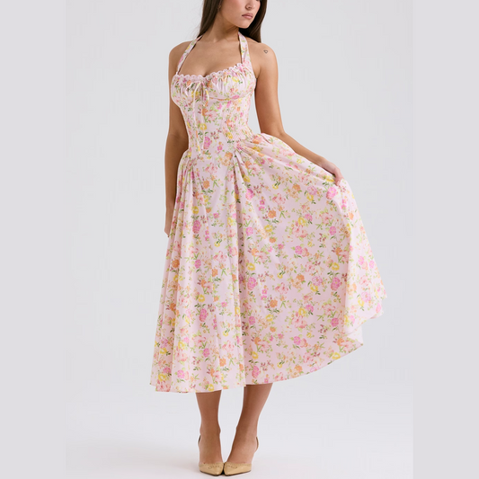 Solene - Floral A Line Midi Halter Neck Dress