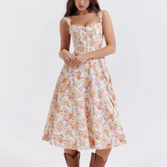 Valencia - Pink Floral Print Lace Up A-Line Dress