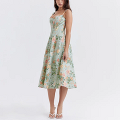 Valencia - Green Floral Print Lace Up A-Line Dress