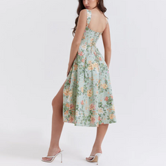 Valencia - Green Floral Print Lace Up A-Line Dress